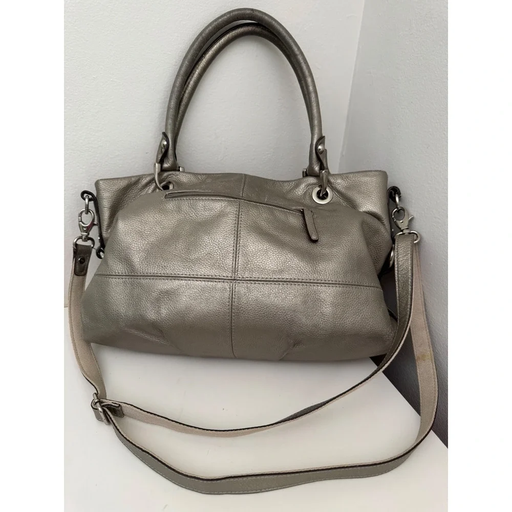 Tignanello Metallic Silver Pebbled Leather Satchel Y2K Crossbody Bag Handbag